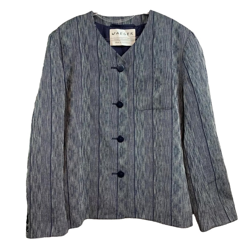 Vtg Jaeger Wool Blend Pinstripe Buttoned Blazer Jacket Navy Blue Cream Size 14
